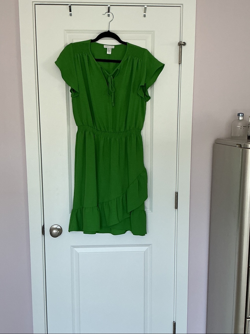 Bright Green Ruffle Tie-Neck Dress